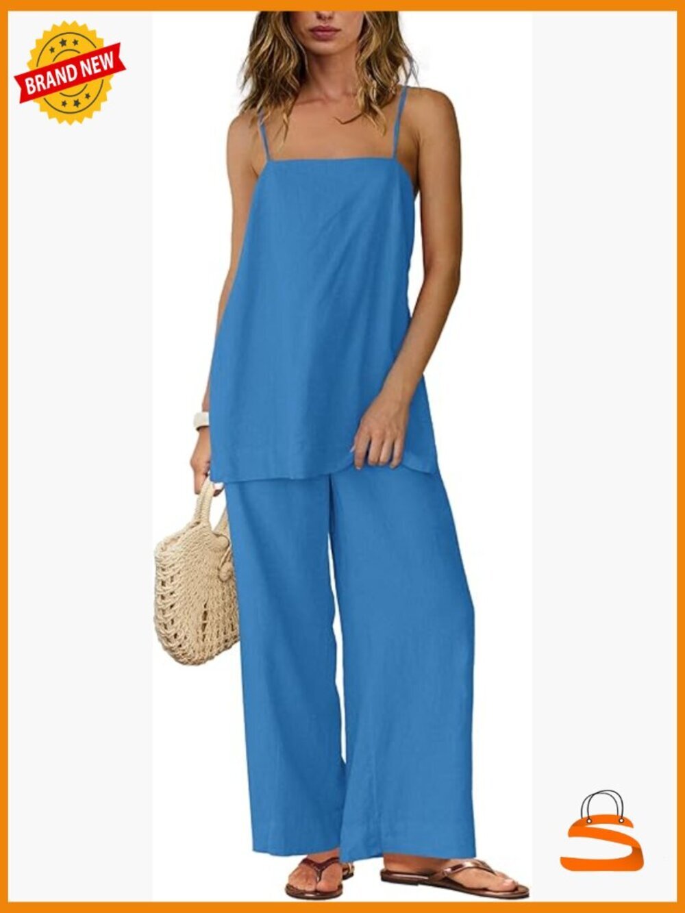 Linen 2 Piece Set Spaghetti Strap Tank Wide Leg Pants Summer Vacation